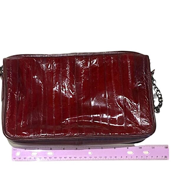 Eel Skin Handbag Rectangular Clutch Crossbody Dark Cherry w/Chain-link Strap - Picture 15 of 16